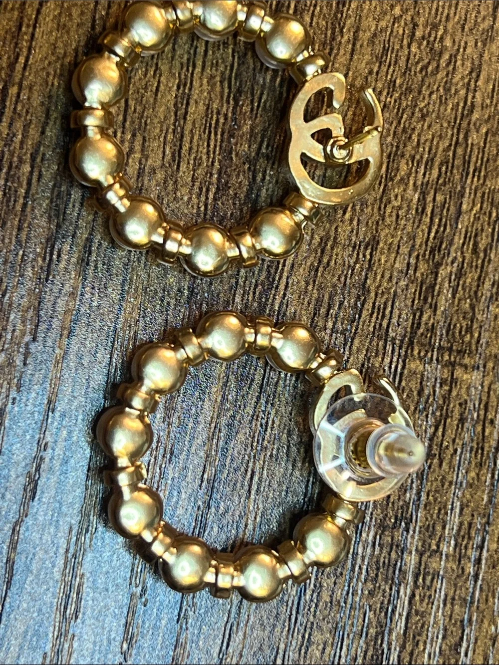 Gold Pearl Hoop Drop Earrings with Interlocking Double G Accent